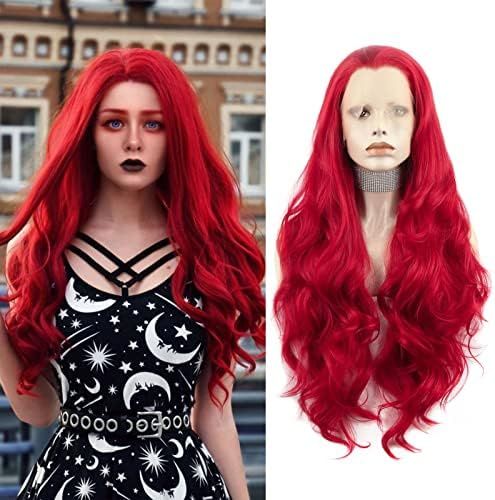 IMSTYLE Hot Red Lace Front Wigs for Women Long Wavy Synthetic Hair Ariel Cosplay Wigs Heat Resistant | Amazon (US)
