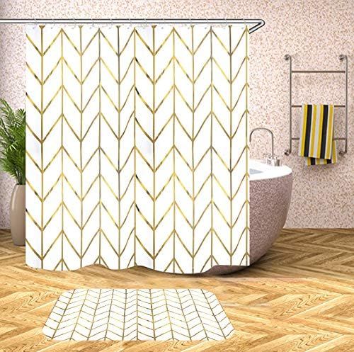 JTMall Shower Curtain with Gold Chevron, Geometric Pattern, Gold Shower Curtain Hooks/Rings, White F | Amazon (US)