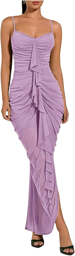 Floerns Women's Ruffle Ruched Cami Dress Draped Split Elegant Bodycon Maxi Dresses | Amazon (US)
