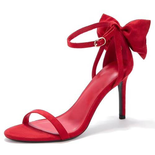 Womens Ankle Strap High Heels Open Toe Stiletto Bow Tie Knot Heeled Sandals Fashion Wedding Dress Pump Shoes Red 6 | Amazon (US)