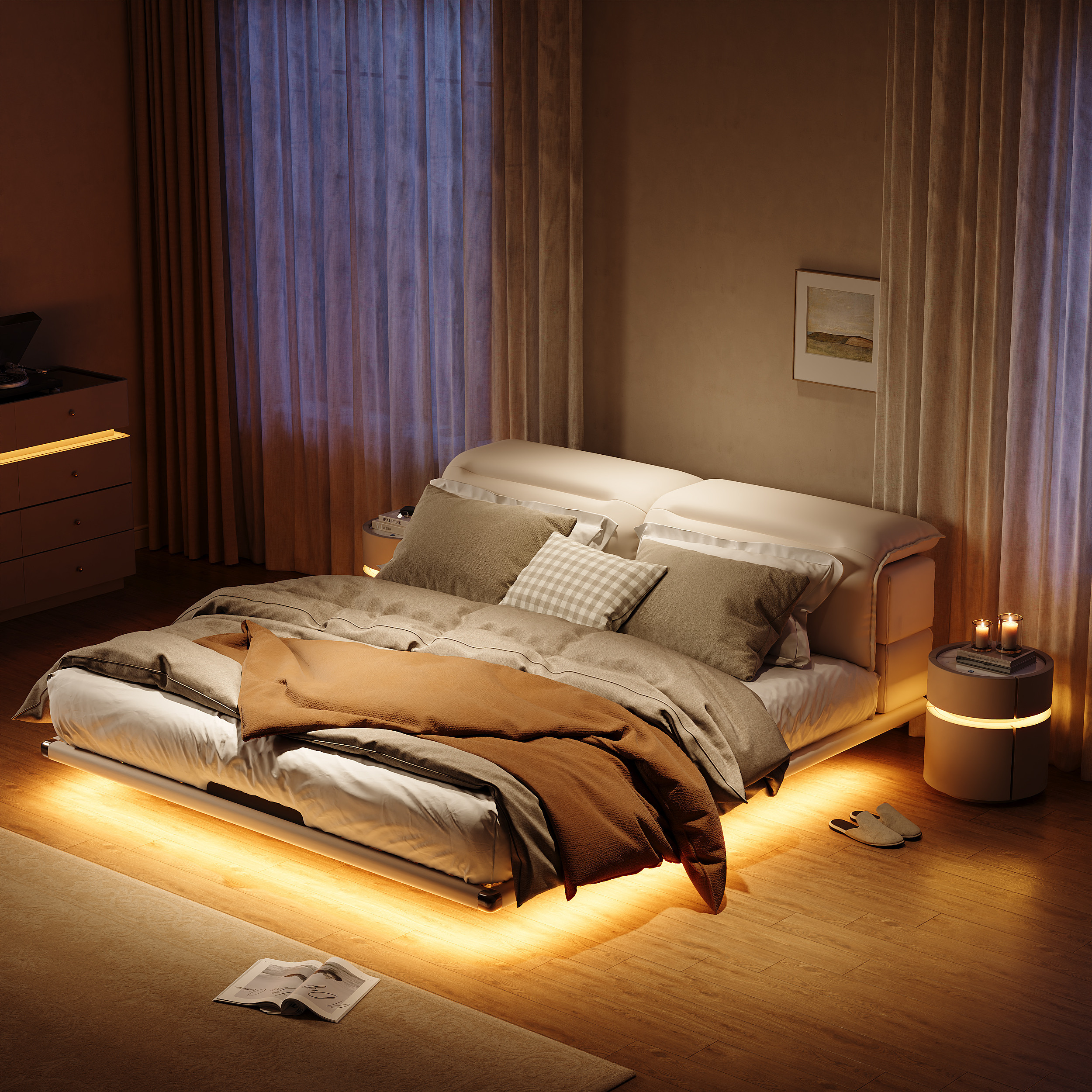 Modern Leather King Size Floating Bedroom Set with Light & Adjustable Headboard | Homary