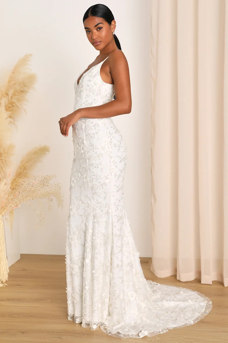 Vow to Wow White 3D Floral Applique Sequin Maxi Dress | Lulus (US)