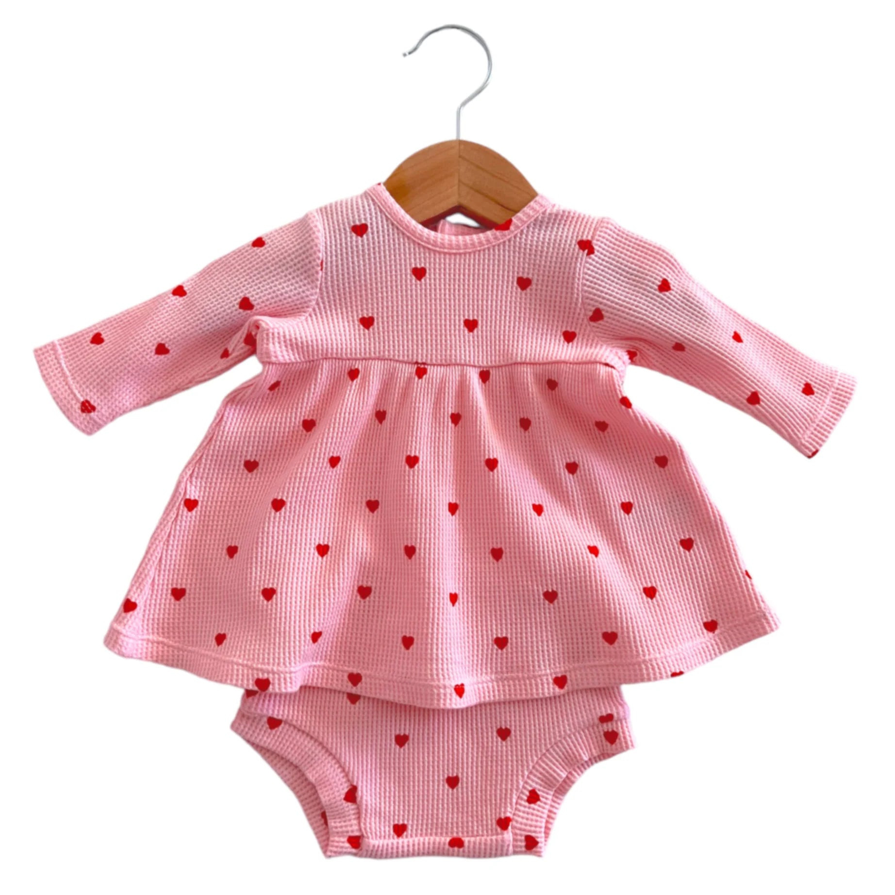 Organic Waffle Simple Dress & Bloomer, Little Red Heart (on Pink) | SpearmintLOVE