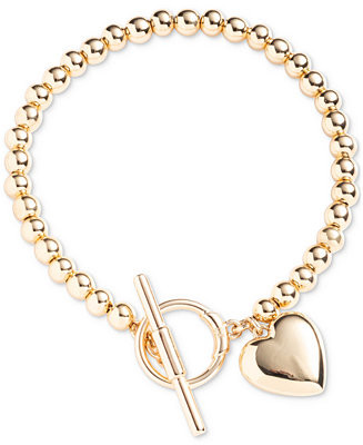 Gold-Tone Puffy Heart Charm Beaded Flex Bracelet | Macy's