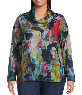 Ali Miles Plus Size Abstract Print Brushed Knit Cinched Cowl Neck Long Sleeve Pullover | Dillard'... | Dillard's