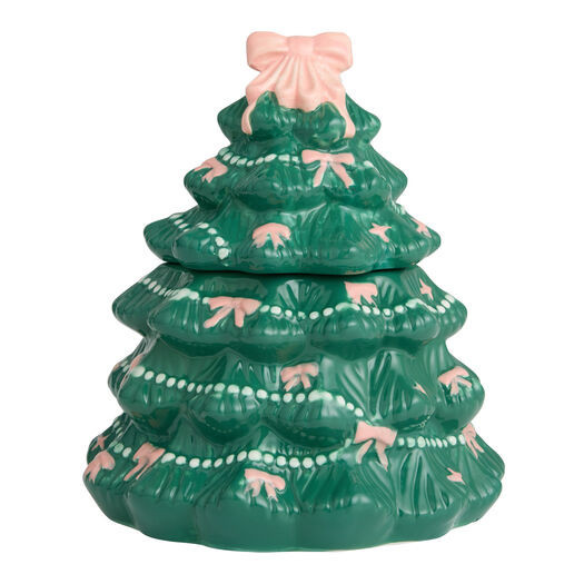 Green Ceramic Christmas Tree with Pink Bows Figural Cookie Jar by World Market | World Market