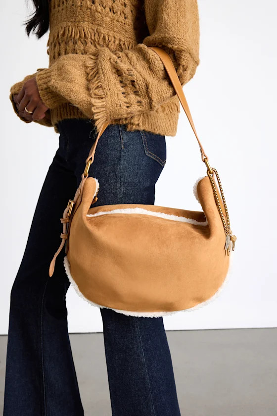 Cozie Tan Suede Faux Fur Shoulder Bag | Lulus