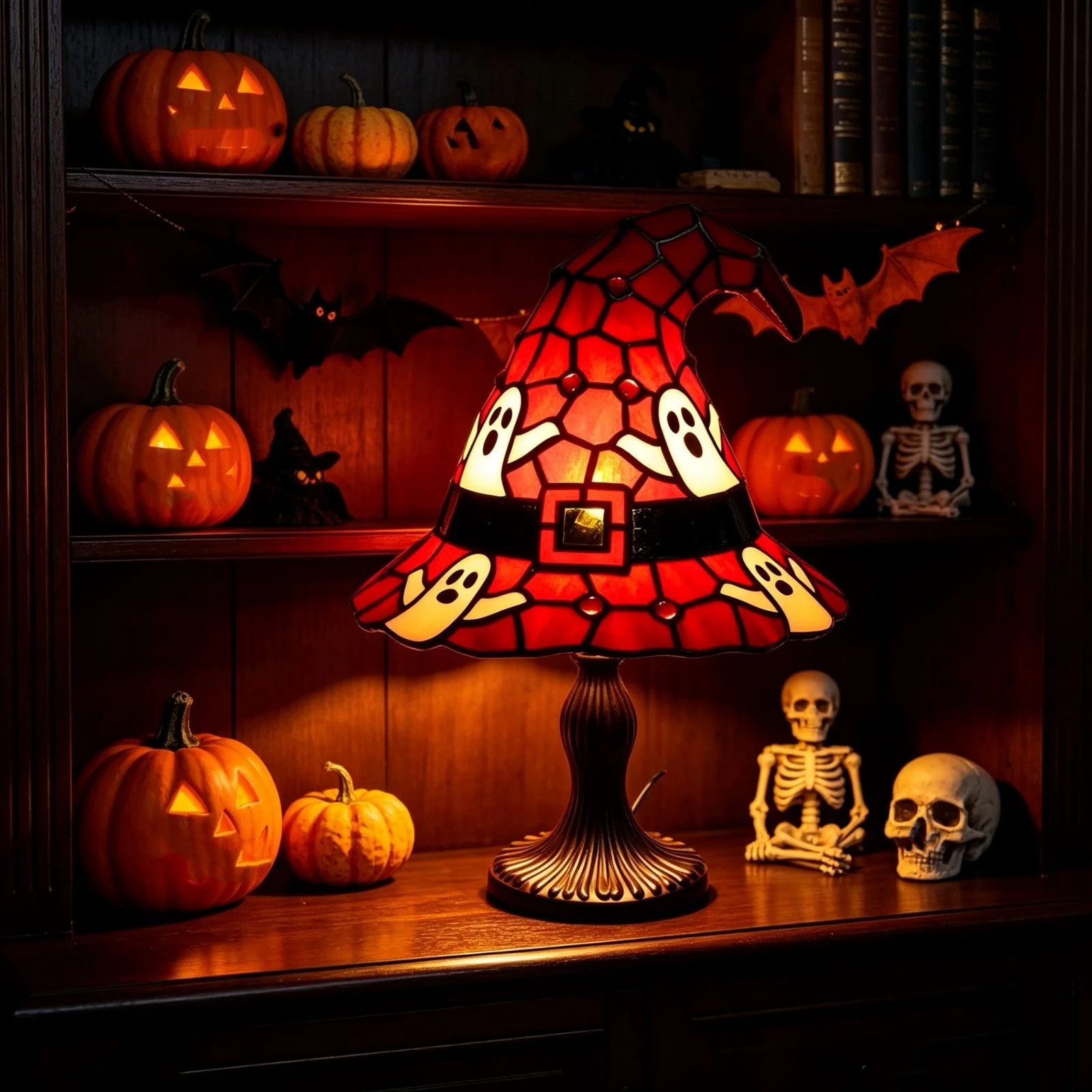WWC Halloween Witch Hat Lamp, Handcrafted Vintage Stained Glass Night Light with Ghost Accents, G... | Walmart (US)