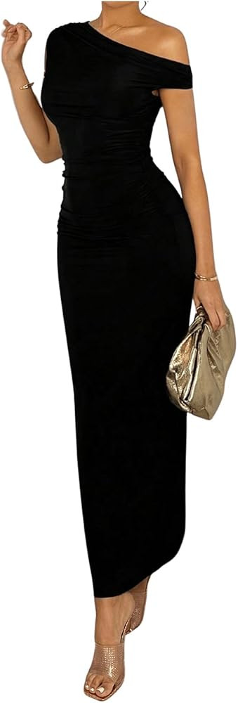 SOLY HUX Vestido largo para mujer, con hombros descubiertos, cuello asimétrico, fruncido, entall... | Amazon (US)