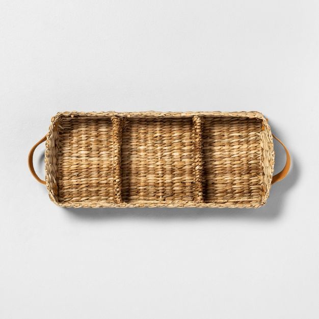 3 Compartment Woven Tank Tray with Leather Handles Beige - Hearth &#38; Hand&#8482; with Magnolia | Target