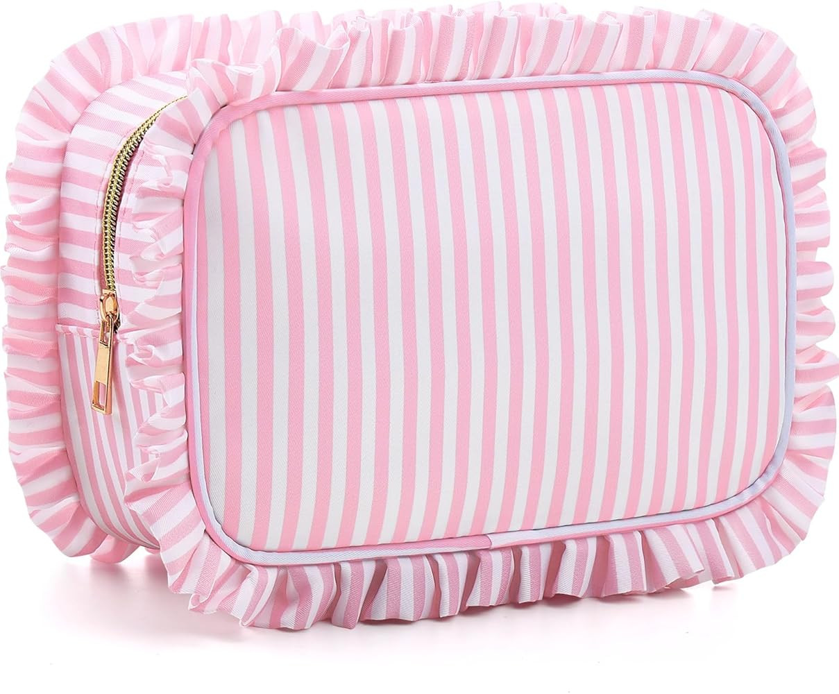 Kigeli Ruffle Makeup Bag Preppy Makeup Pouch Large Travel Cosmetic Bag Nylon Waterproof Toiletry ... | Amazon (US)
