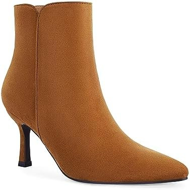 Coutgo Women's Kitten Heel Booties Pointed Toe Low Stiletto Side Zipper Ankle Boots Shoes | Amazon (US)
