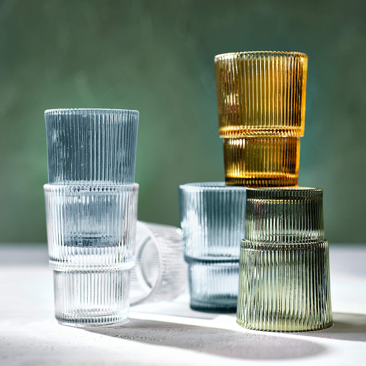 Atwell 11-Oz. Moss Green Stackable Ribbed Double Old-Fashioned Glass + Reviews | Crate & Barrel | Crate & Barrel