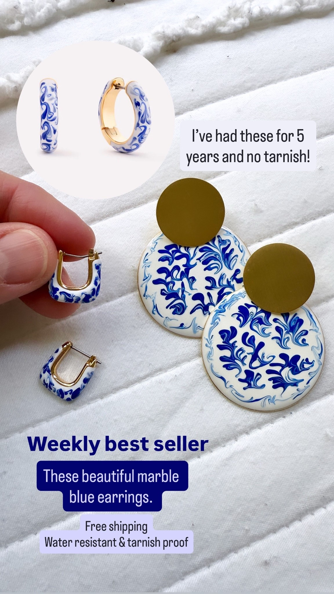 The prettiest earrings from @Ana Luisa free shipping, tarnish proof, water resistant and 2 yr warranty. Hoops are mini size. Large earrings still in stock in mini size. (I’ve had them for 5 years and no tarnishing)