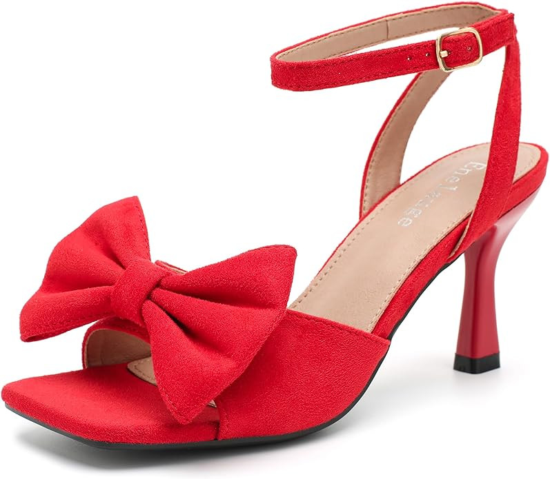 Enelauge Women's Bow Knot Heeled Sandal Ankle Strap Square Open Toe Kitten Heels Comfortable Wedd... | Amazon (US)