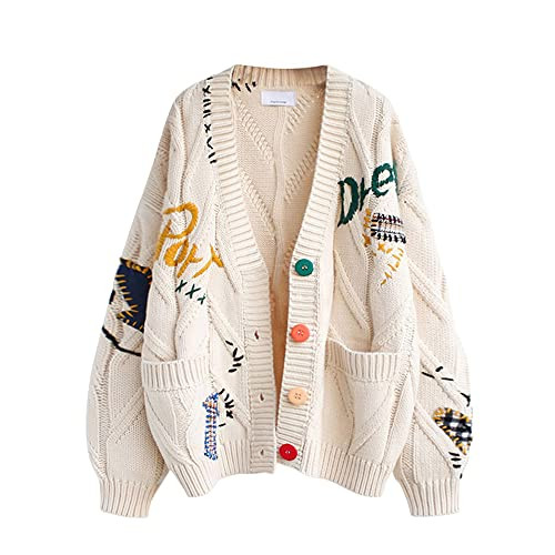 Women's Cable Knit Long Sleeve Open Front Cardigan Sheep V-Neck Button Down Embroidery Wool Blend Sweater Coat Outwear (S,Beige) | Amazon (US)