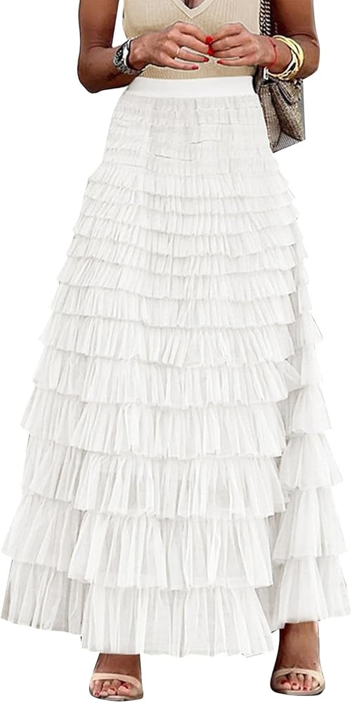 Flygo Women's Long Maxi Tiered Tulle Skirts High Waisted A-Line Layered Mesh Tutu Skirt Petticoat | Amazon (US)