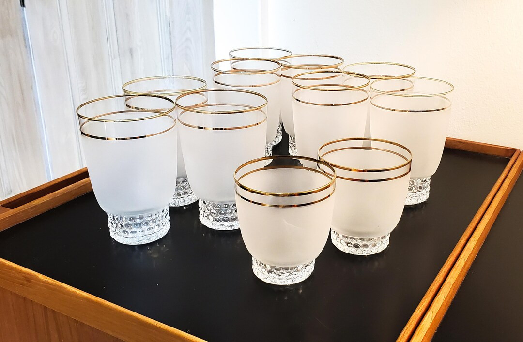 Gorgeous 10 Piece Set of Mid Century Frosted Tumblers With Hobnail Bases and Gold Banding - Etsy | Etsy (US)