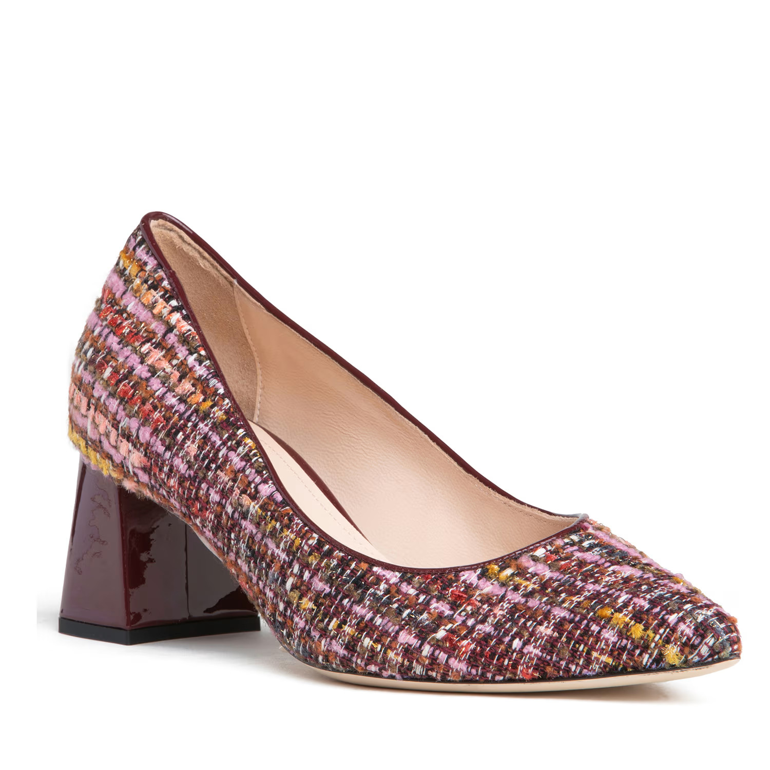 Corina Burgundy Leather Block Heel Pump With Linen For Day & Night Wear | Wolf & Badger