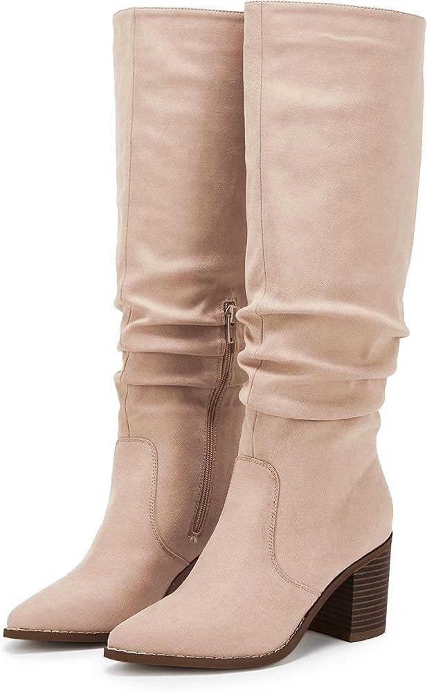 Huiyuzhi Womens Pointed Toe Knee High Boots Mid Chunky Heel Faux Suede Side Zipper Riding Booties | Amazon (US)