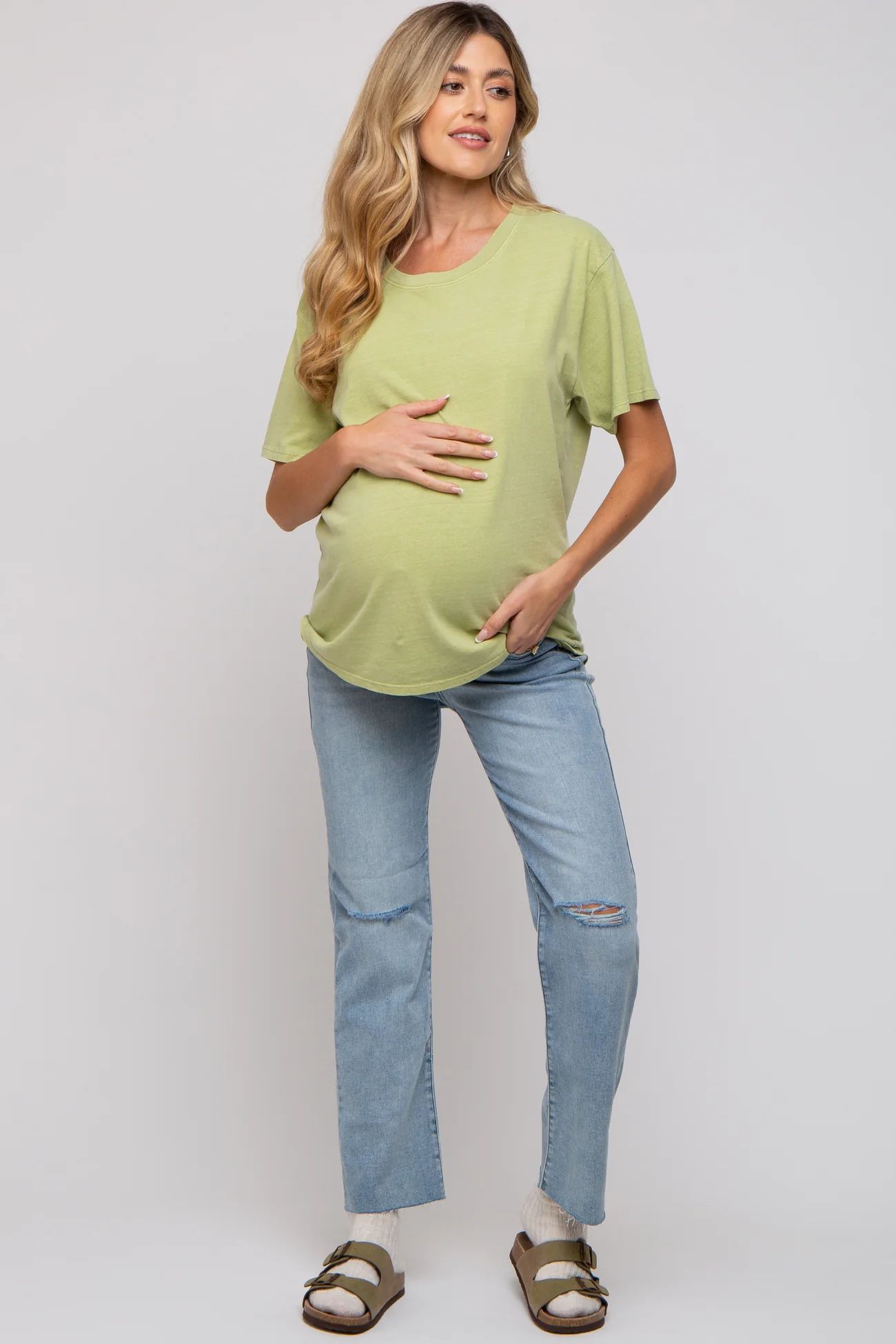 Light Blue Distressed Knee Maternity Jeans | PinkBlush Maternity