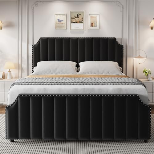 King Size Velvet Bed Frame, Vertical Channel Tufted 50.2" Tall Headboard and Footboard with Nailhead Trim, Upholstered Platform Bed, Strong Wooden Slats, No Box Spring Needed, Easy Assembly, Black | Amazon (US)