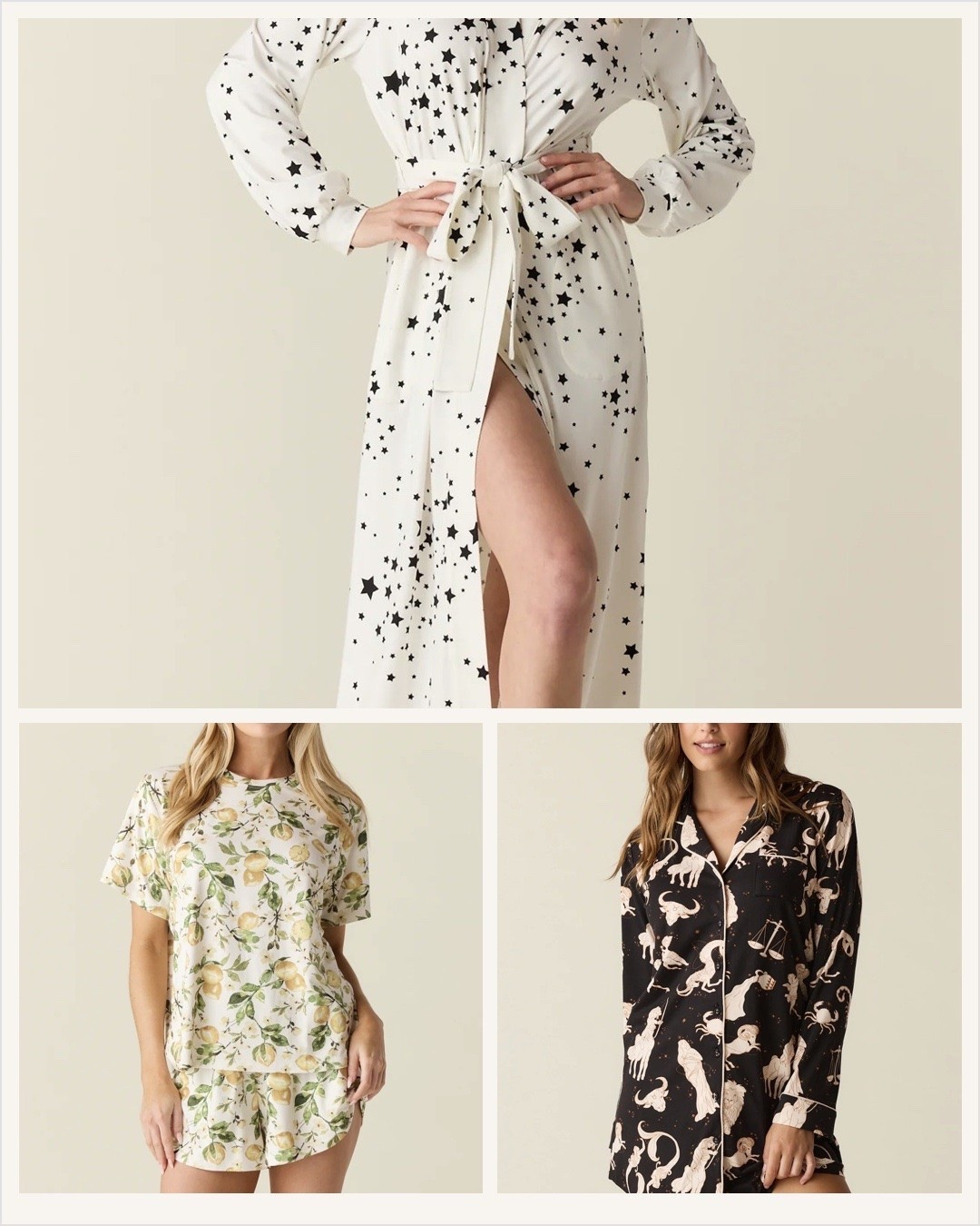 Current pajama obsession unlocked ✨🌙

If you know me, you know I love cute matching sets, and these are some of the prettiest pajamas I’ve seen lately. From the dreamy star-print robe to the fresh lemon lounge set and chic celestial button-downs, these pieces make slow mornings, coffee on the patio, and cozy nights feel a little more special.

The kind of sleepwear that makes you feel put together even when you’re staying in 🤍

Which set are you grabbing first? ⭐🍋

#LTKHome #LTKStyle #LTKFinds #PajamaStyle #MatchingPajamas #Loungewear #SleepwearStyle #CozySeason #MomStyle #SelfCareEssentials #LuxuryForLess #PajamaSet #StarPrint #LemonPrint #NighttimeRoutine #MorningRoutine #CozyHome #BedroomStyle #ComfortAndStyle #GiftIdeasForHer #StaycationStyle #TrendingNow #ViralFinds #LTKFashion #CozyAesthetic

#LTKmomlife #LTKmorningroutine #LTKOver40