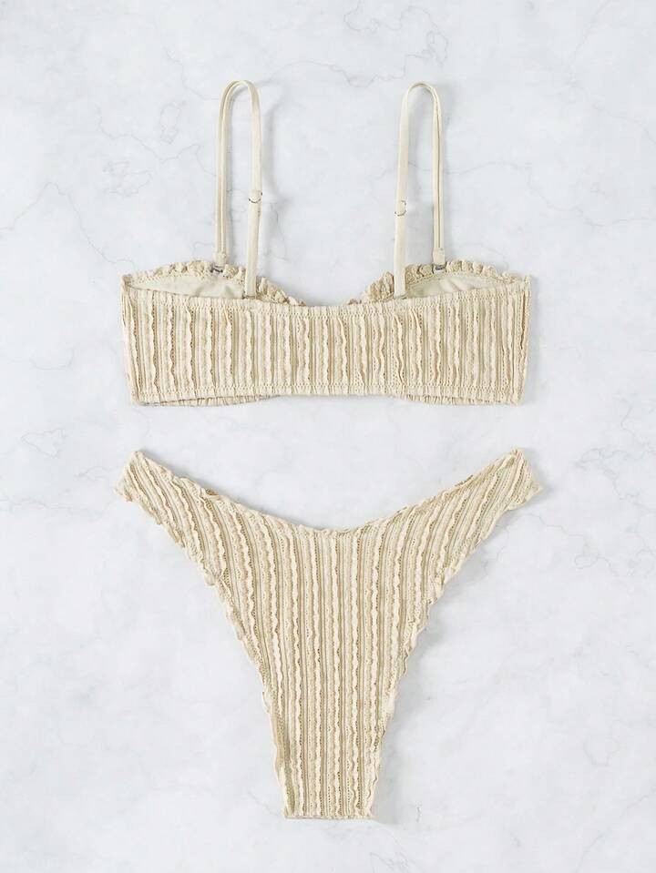 SHEIN X SAMADHI Swim Basics Ladies' Solid Summer Beach Textured Frill Trim Bikini Swimwear Set | SHEIN