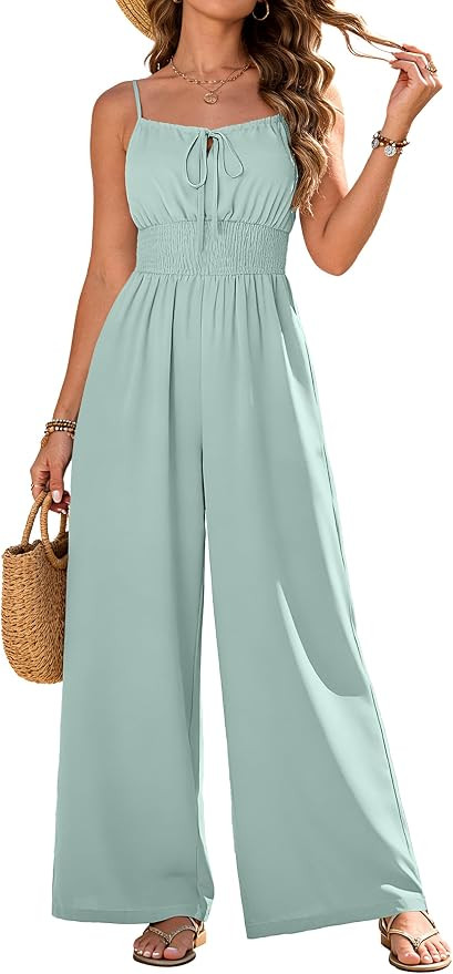 AGERWAY Womens Jumpsuits 2026 Casual Spaghetti Strap Wide Leg Long Pants Rompers One Piece Summer... | Amazon (US)