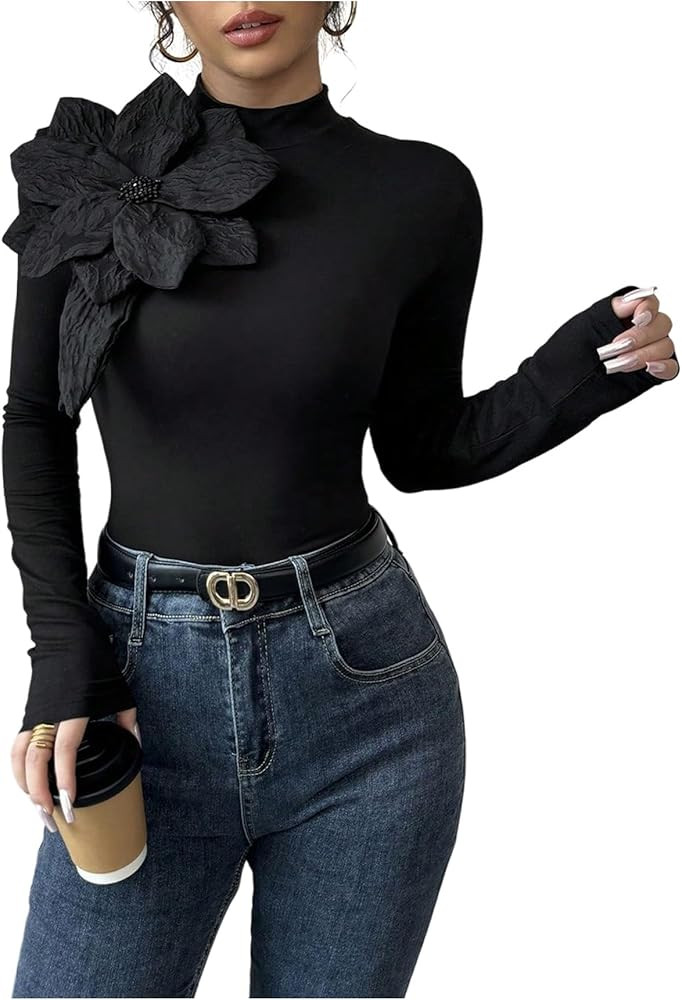 OYOANGLE Women's 3D Floral Long Sleeve Blouse Mock Neck Party Cocktail Elegant Top | Amazon (US)