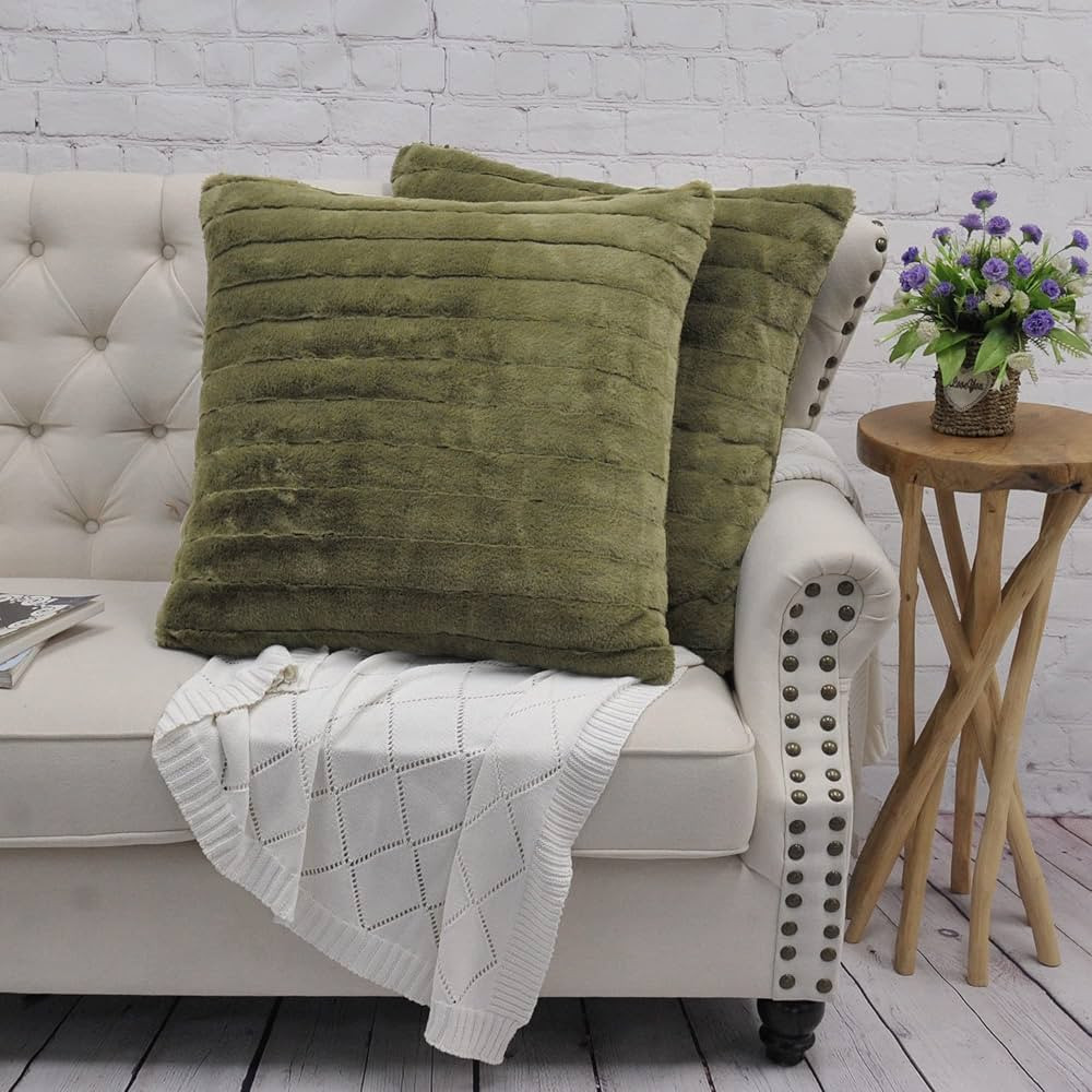 Striped Faux Fur Decorative Euro Throw Pillow Covers with Sherpa Back 26 x 26 Inches Set of 2, Pl... | Amazon (US)