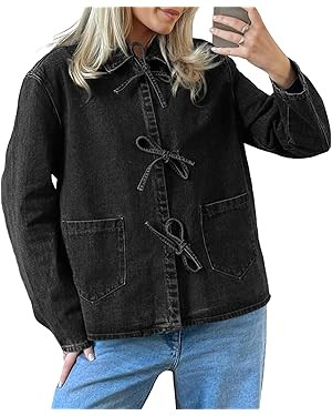 PLNOTME Womens Jean Jacket Tie Front Denim Shacket Tops Fall Fashion Long Sleeve Shirts Coat with... | Amazon (US)