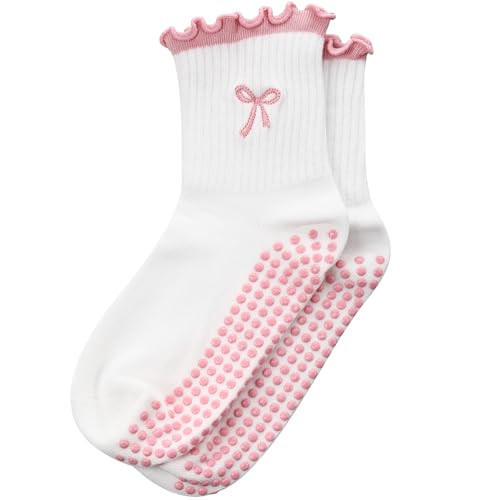 Jeyiour Women Cute Pilates Socks Nonslip Ruffle Yoga Socks with Grip Wedding Pilates Gift for Barre Embroidery(Pink,Bow) | Amazon (US)