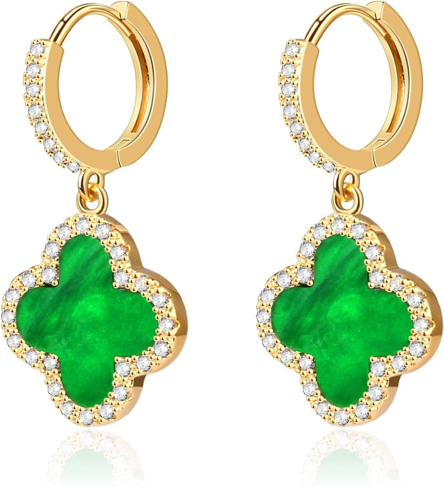 Gold Dangle Earrings, 14K Gold Plated Small Huggie Hoop Earrings with Clover Charms, Dainty Drop ... | Amazon (US)