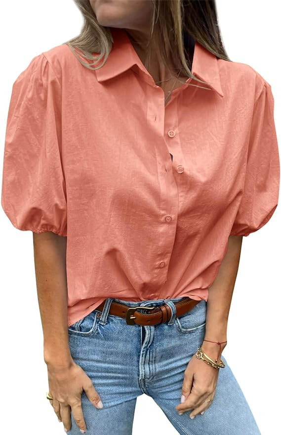 Tankaneo Women's Button Down Shirts Short Puff Sleeve Collared Dressy Casual Blouse Tops | Amazon (US)