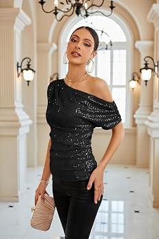 GRACE KARIN One Shoulder Sequin Sparkly Tops for Women Ruched Asymmetrical Glitter Tops Slimming ... | Amazon (US)