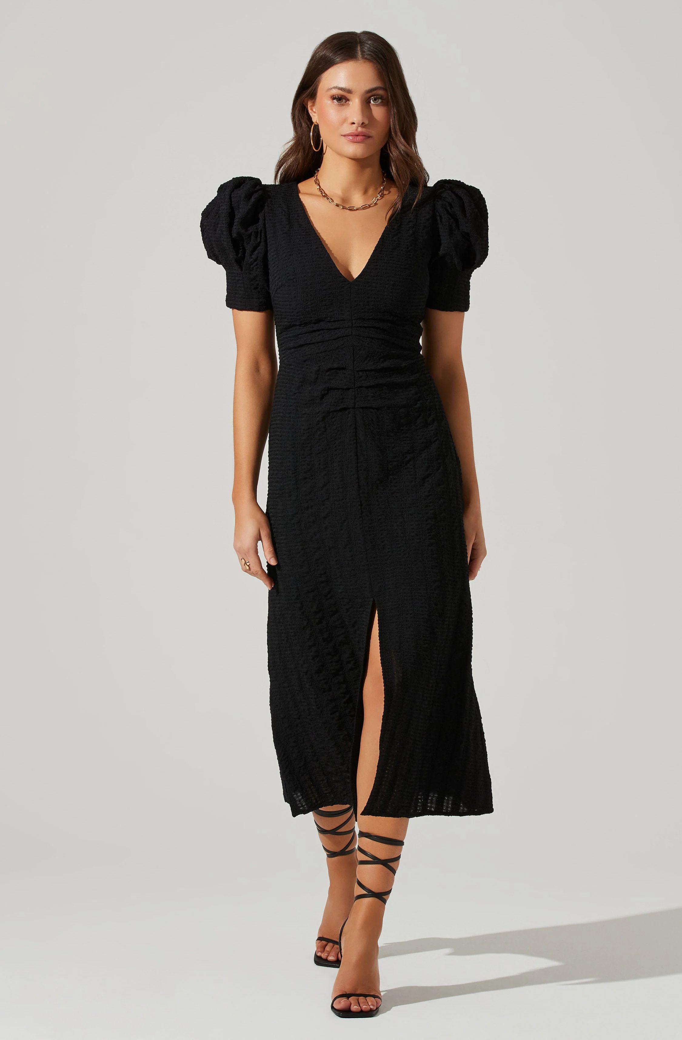 Puff Sleeve V Front Midi Dress | ASTR The Label (US)