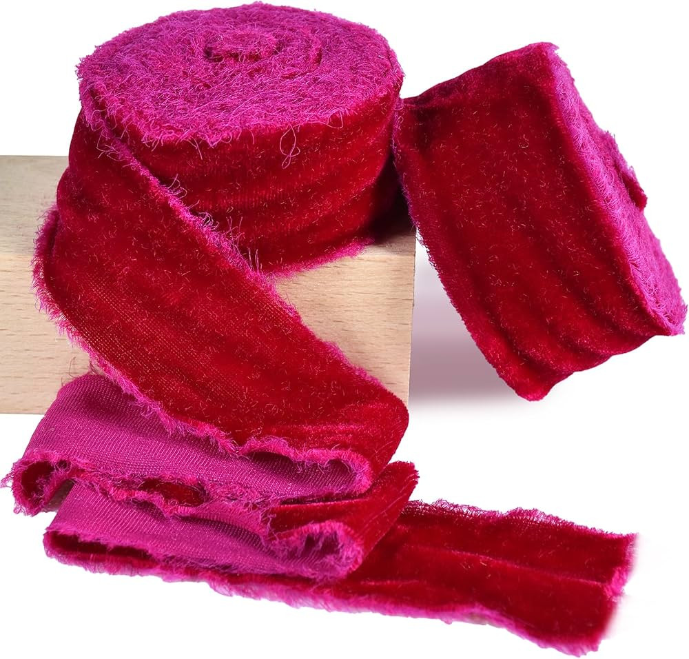 2 Rolls Hot Pink Velvet Ribbon 1 1/2 Inch Handmade Fringe Frayed Silk Velvet Ribbon Raw Edge Silk... | Amazon (US)