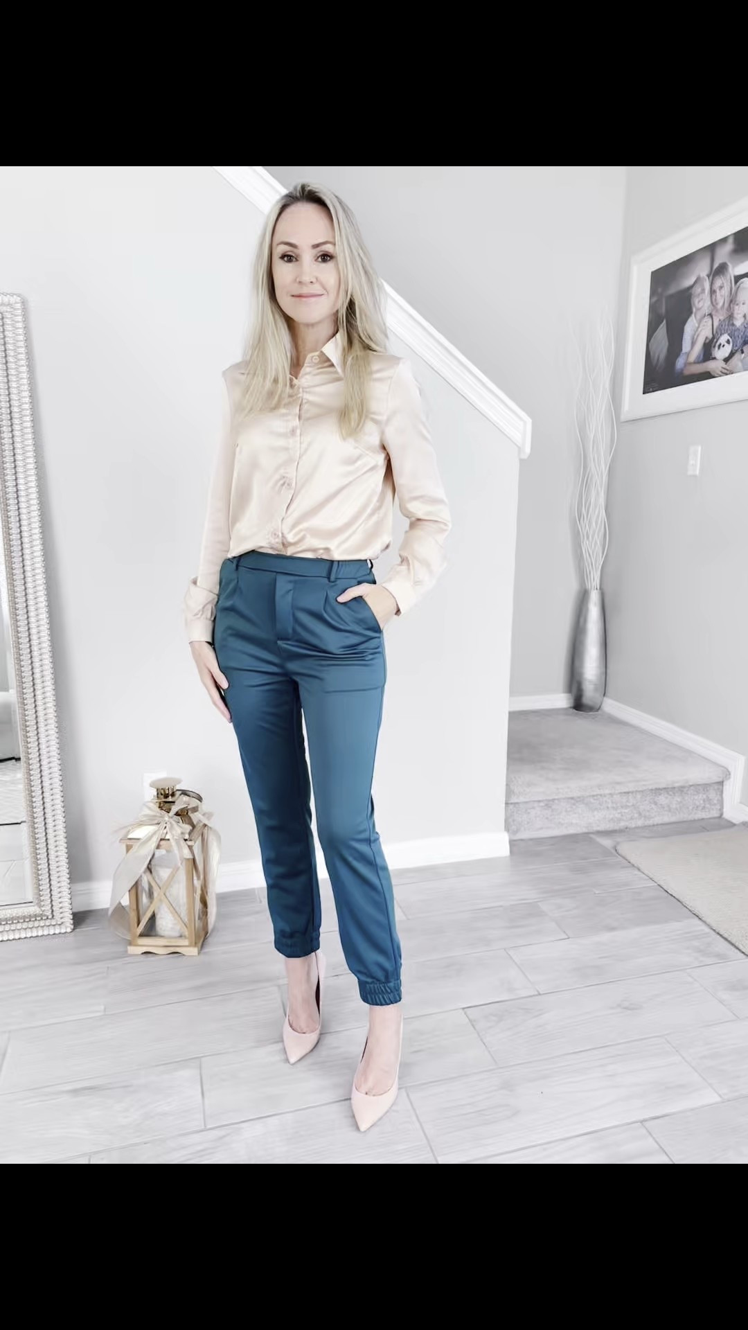 Elevating the everyday! ✨ This satin blouse paired with sleek teal trousers is the perfect blend of elegance and comfort. The soft blush tones of the blouse complement the deep green for a refined yet modern look. Perfect for the office, brunch, or even a casual date night. OOTD #ChicAndClassy #StyleInspiration #WorkwearStyle #ElegantFashion #EffortlessStyle #Fashionista #SatinLover #TealTrend