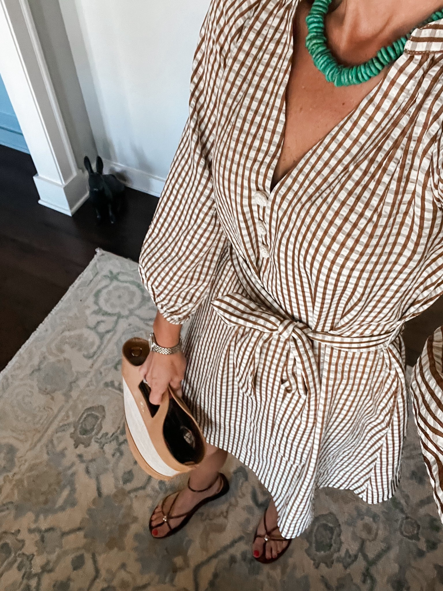 Brown gingham dress spring outfit jelly sandals tortoise sandals bucket tote monogrammed tote mom style
Dinner outfit 

#LTKootd