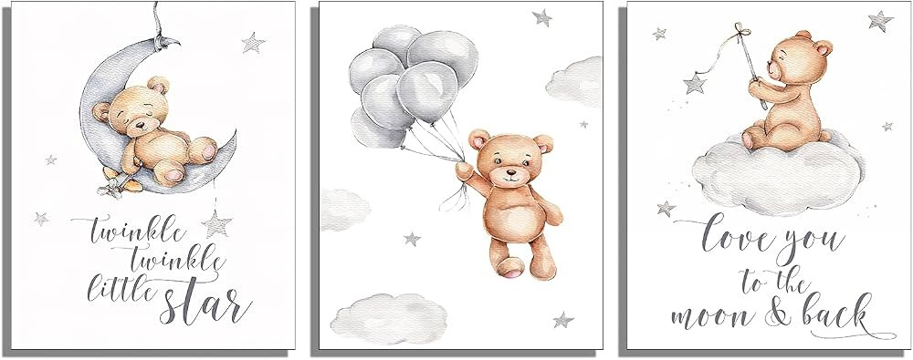 Cute Little Bear Moon Love Sentence Cartoon Canvas Art Prints - Set of 3 (8 inches x 10 inches) W... | Amazon (US)