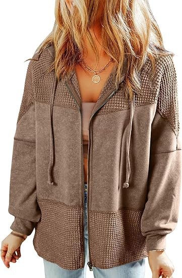 Dokotoo Waffle Knit Hoodies for Womens Zip Up Jackets 2025 Drawstring Fall Casual Jackets | Amazon (US)