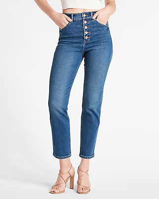 Super High Waisted Dark Wash Button Fly Slim Jeans | Express