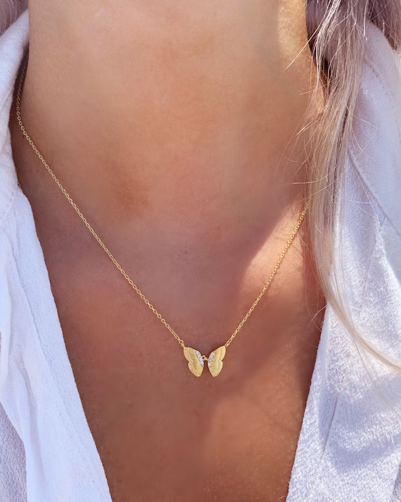 Dainty 18k Gold Plated Gemmed Butterfly Necklace Minimalist | Etsy | Etsy (US)