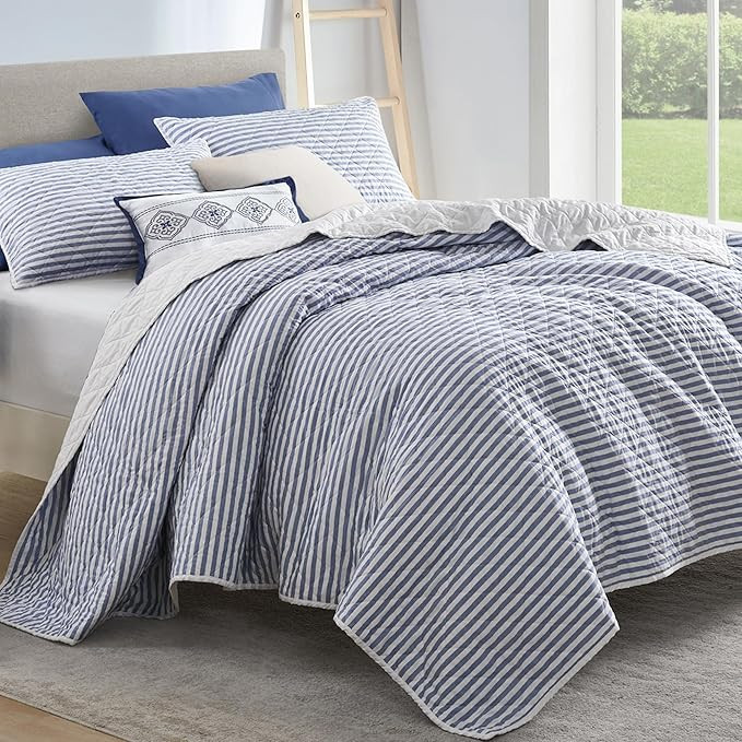 SHALALA 100% Cotton Quilt Set King Size, 5 Piece White and Blue Striped Bedspread Farmhouse Soft ... | Amazon (US)