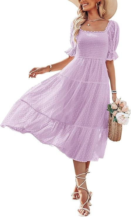 MEROKEETY Women's Summer Square Neck Puff Sleeve Boho Midi Dress Swiss Dot Ruffle Flowy Tie Back ... | Amazon (US)