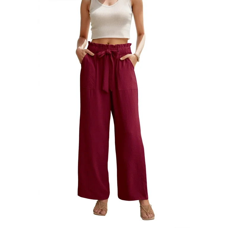 JWD Women's Wide Leg Pants With Pockets High Waist Adjustable Knot Loose Casual Trousers Business... | Walmart (US)