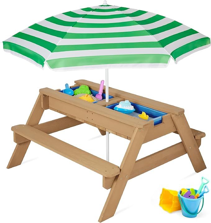 Best Choice Products Kids 3-in-1 Sand & Water Table, Wood Outdoor Convertible Picnic Table w/Umbr... | Amazon (US)