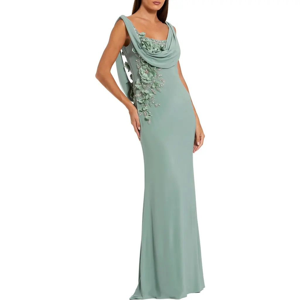 Mac Duggal Sleeveless 3D Flower Detailing Cowl Neck Gown in Sage at Nordstrom, Size 2 | Nordstrom