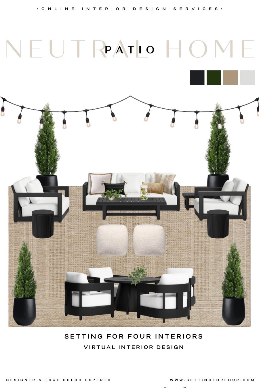 Neutral patio, modern decor and patio furniture, neutral aesthetic, earthy, Walmart home, Amazon home, Pottery Barn style, outdoor cedar trees, planters, outdoor rug, swivel chairs, fire pit, outdoor rug, bar cart, chat set, string lights, lanterns, black, beige, sale